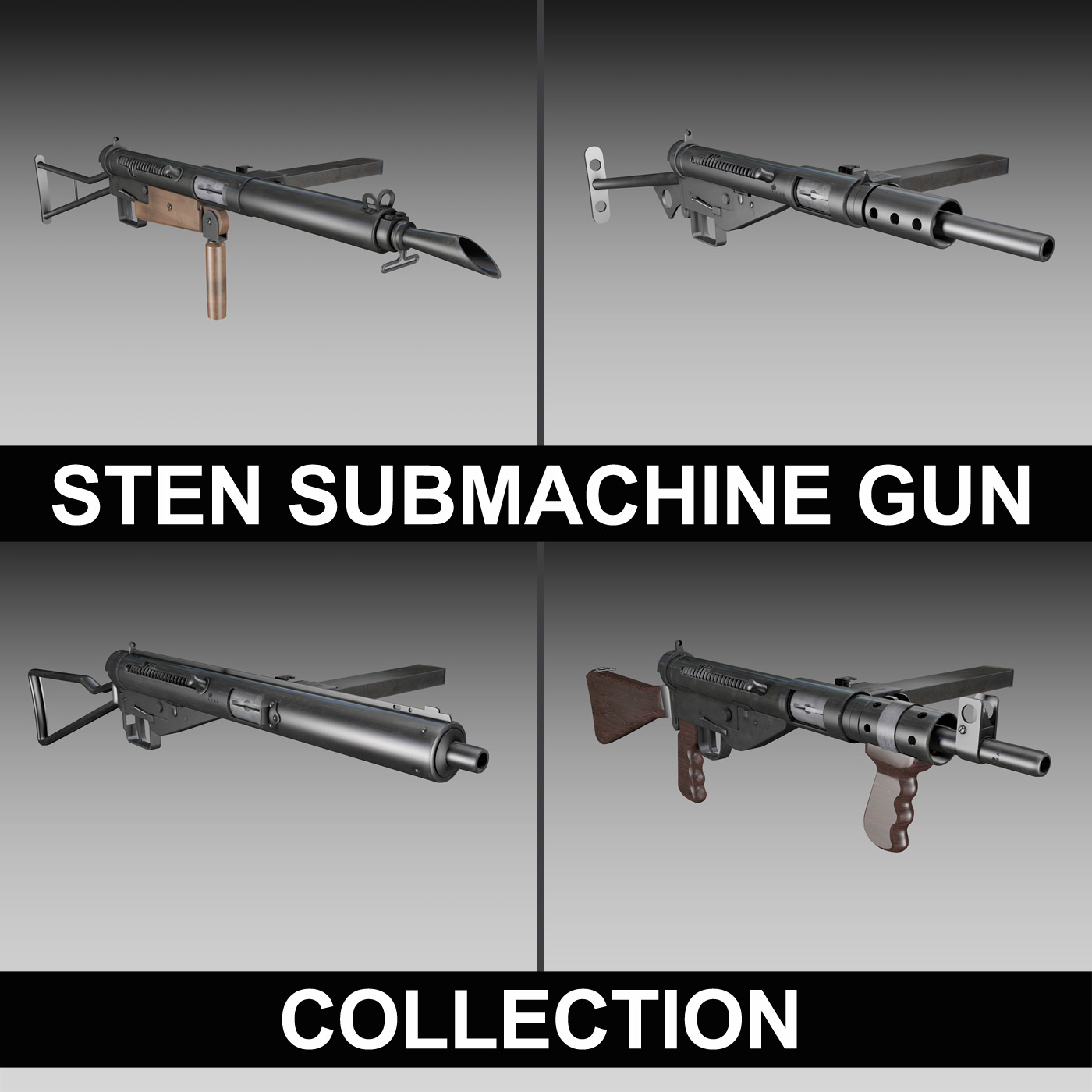 sten submachine gun – collection 3d model 3ds fbx c4d lwo obj 199295