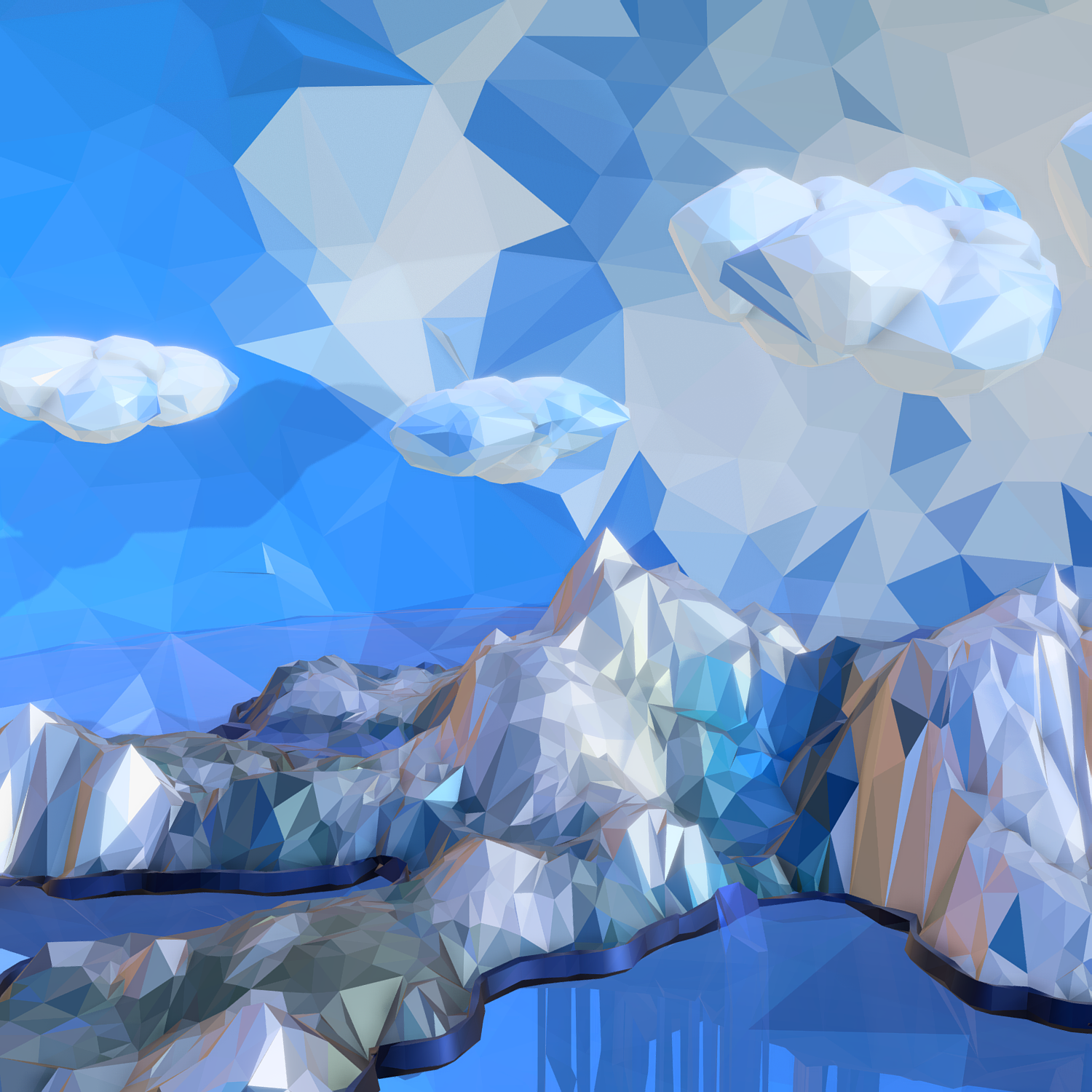 Low Polygon Art Snow Island Mountain Waterfall 3D Model | FlatPyramid