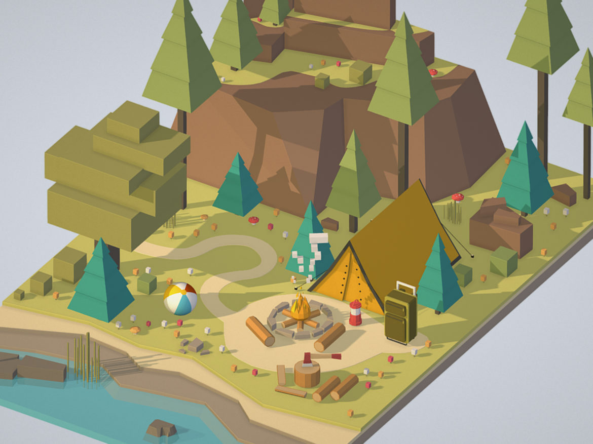 isometric campsite near a river mountain 3d model 3ds max fbx ma mb png obj 271121