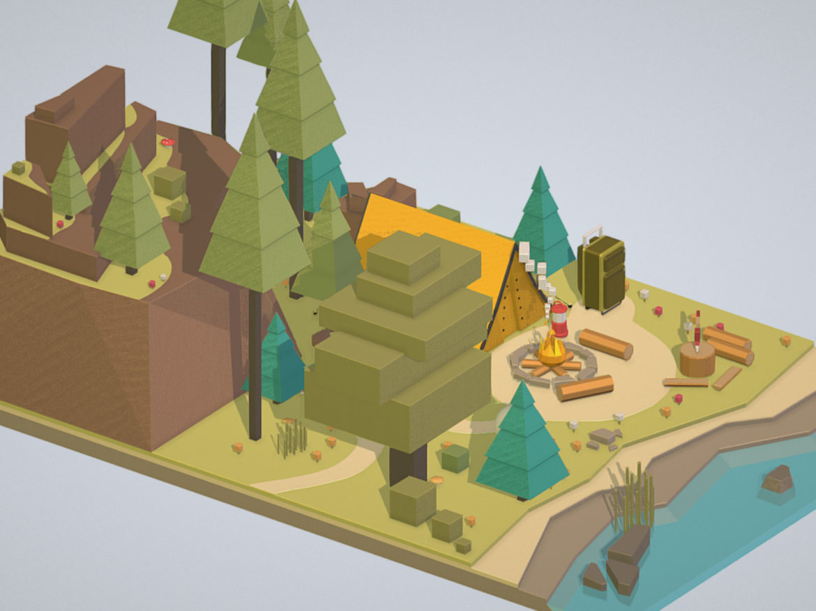 isometric campsite near a river mountain 3d model 3ds max fbx ma mb png obj 271123