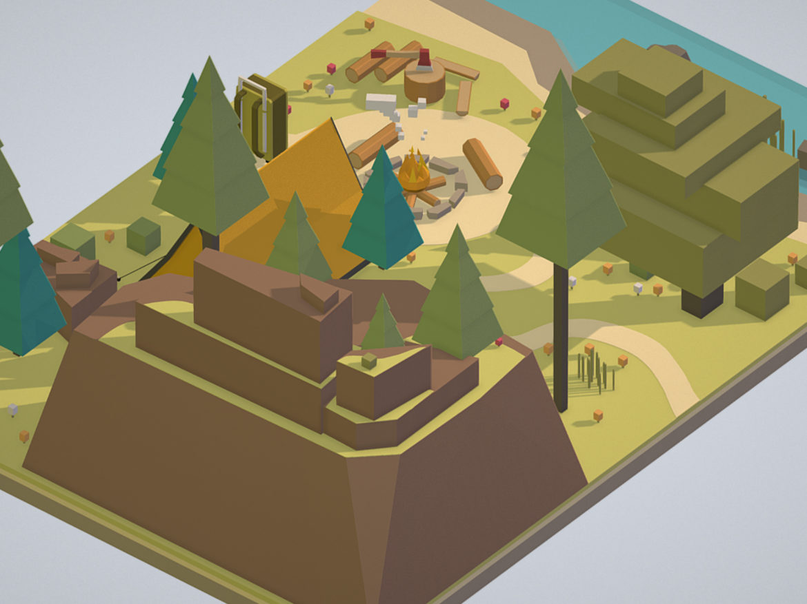 isometric campsite near a river mountain 3d model 3ds max fbx ma mb png obj 271124
