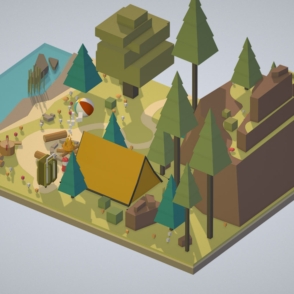 isometric campsite near a river mountain 3D Model - FlatPyramid