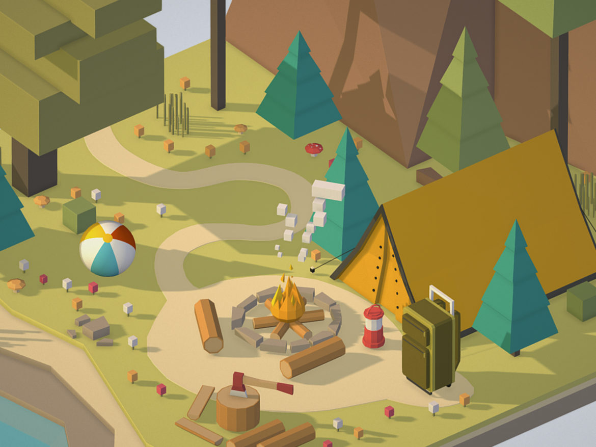 isometric campsite near a river mountain 3d model 3ds max fbx ma mb png obj 271127