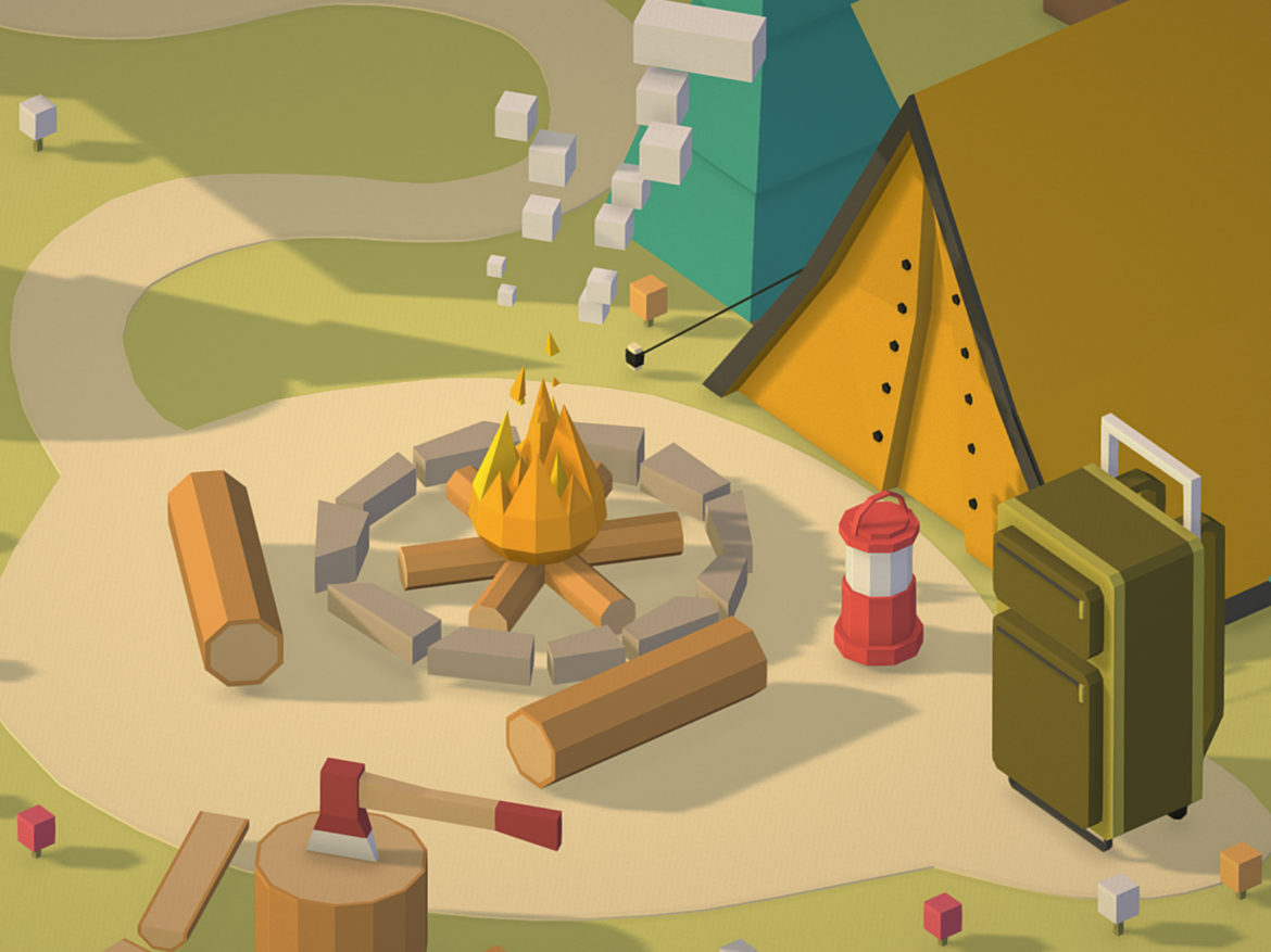 isometric campsite near a river mountain 3d model 3ds max fbx ma mb png obj 271128