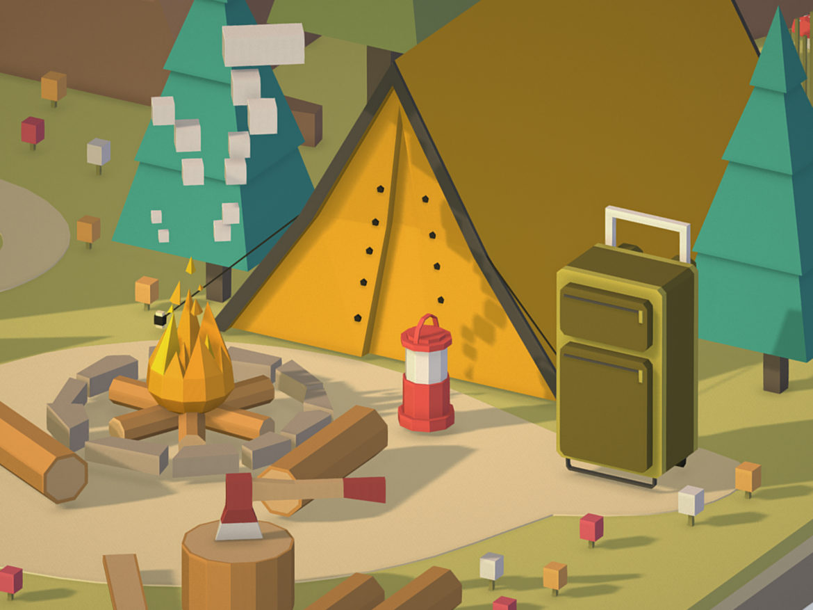 isometric campsite near a river mountain 3d model 3ds max fbx ma mb png obj 271132