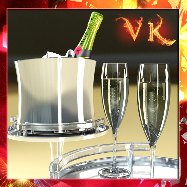 champagne set – bottle, flute and ice bucket. 3d model 3ds max fbx obj 143842