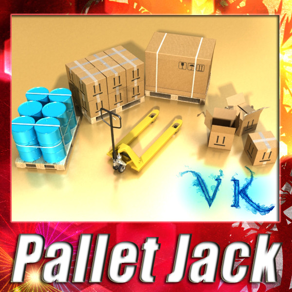pallet jack with cartons & metal drums 3d model 3ds max obj 130569